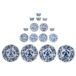 A collection of Chinese blue and white teaware and dishes, Kangxi period, H 4 - ø 10,5 - 21 cm