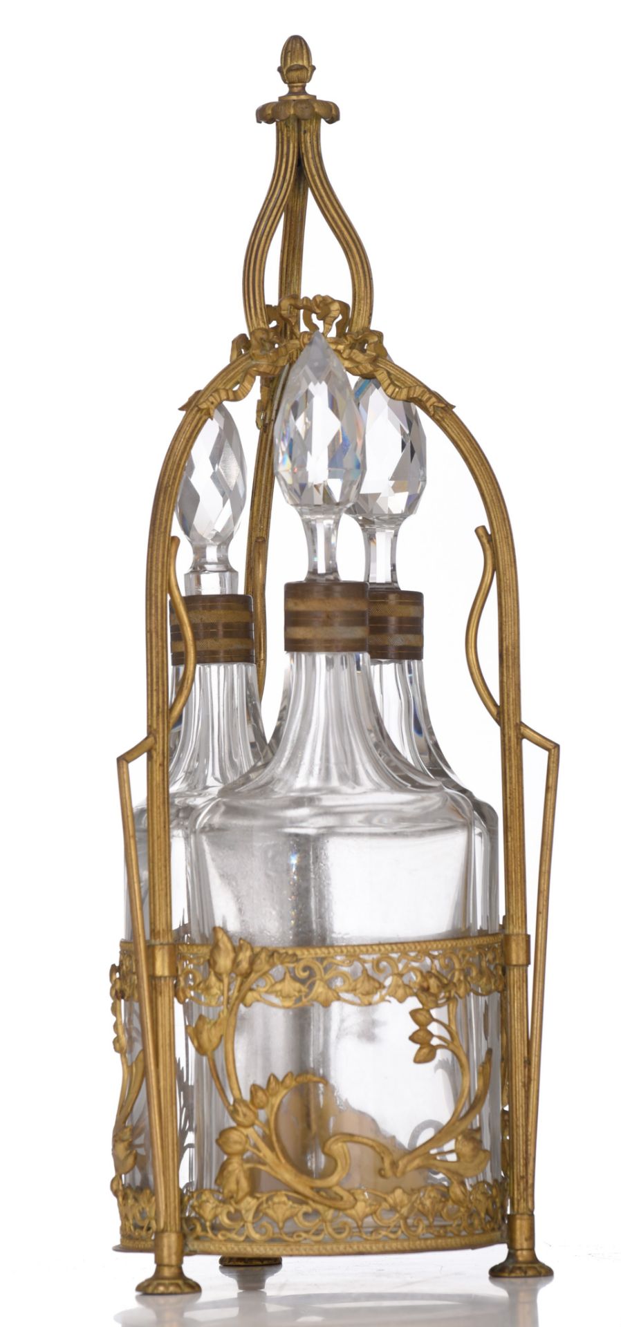A fine Art Nouveau gilt brass cruet set with three cut glass carafes, H 43,5 cm - Image 2 of 5