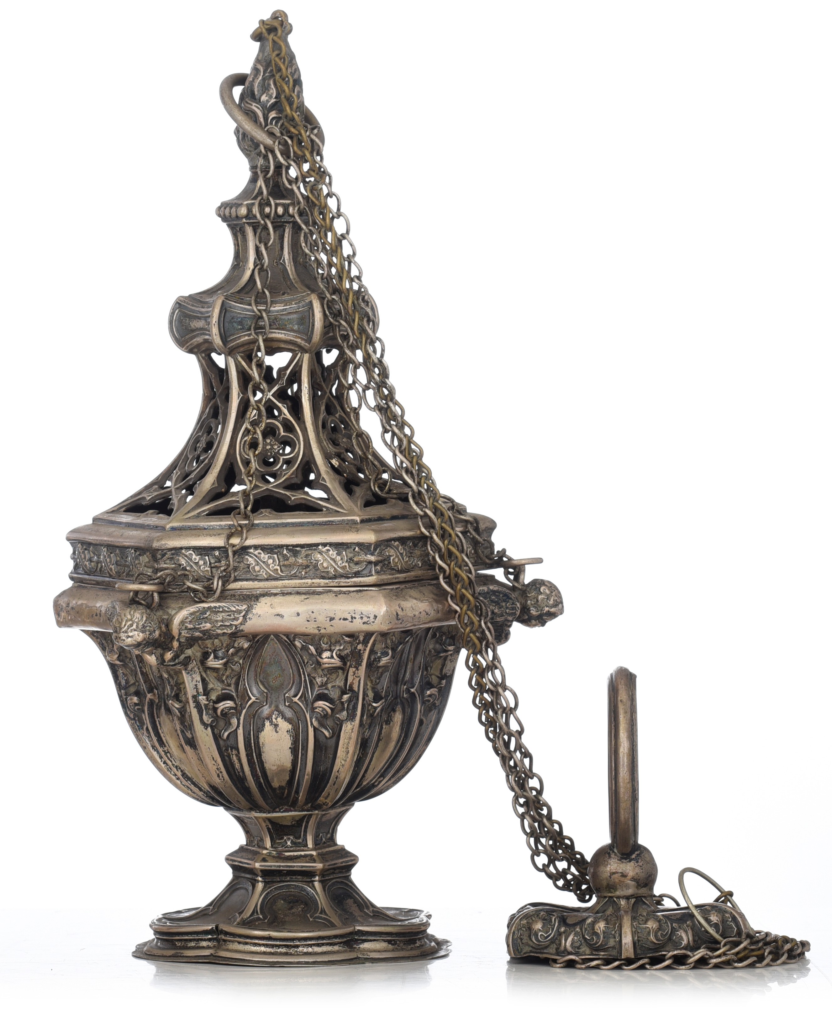 A 19thC Gothic Revival incense burner, bearing an 1830-1868 period Belgian control mark, H of the co - Image 3 of 7