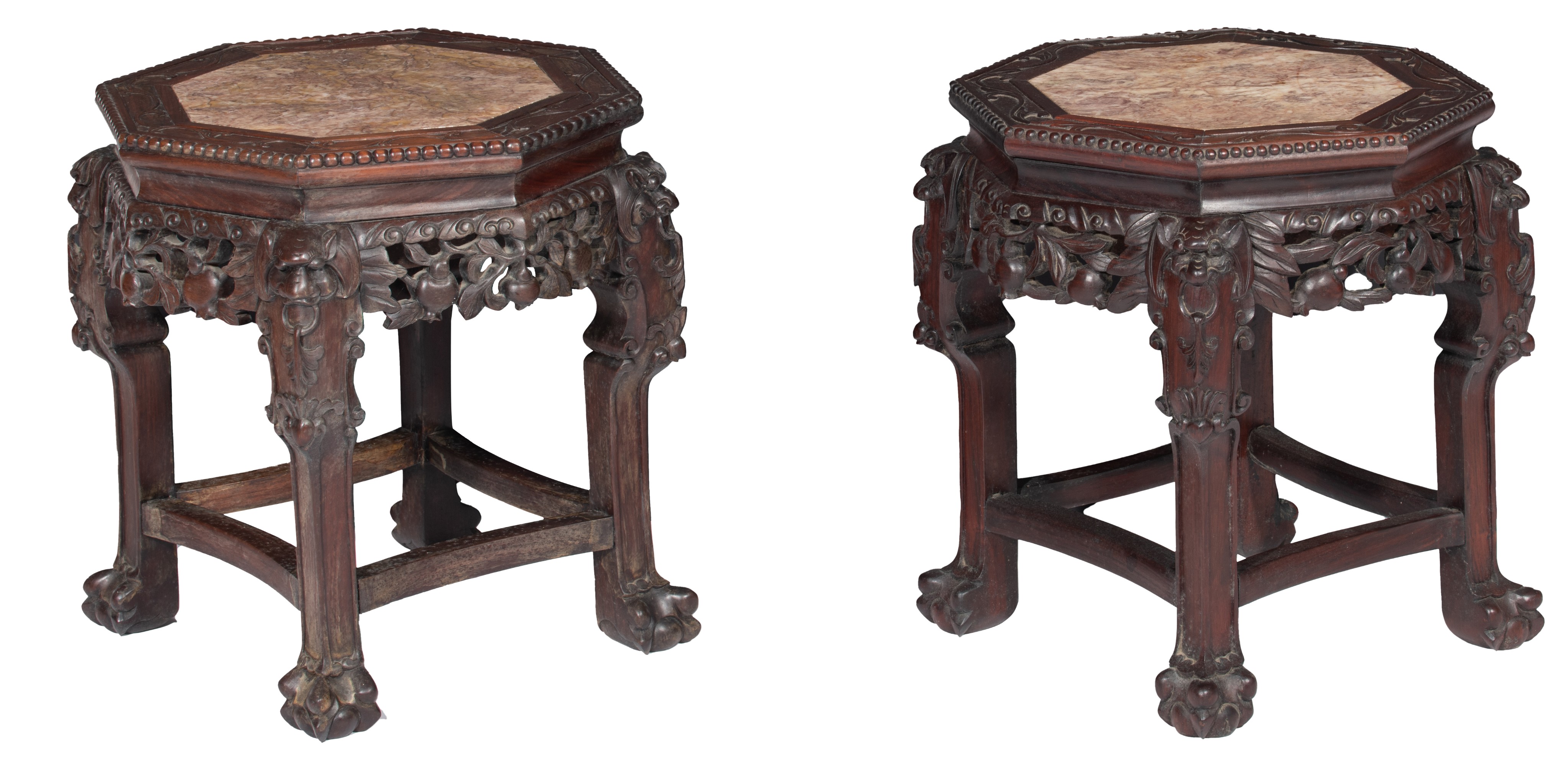 Two Chinese octagonal hardwood bases with a marble plaque, H 47,5 cm