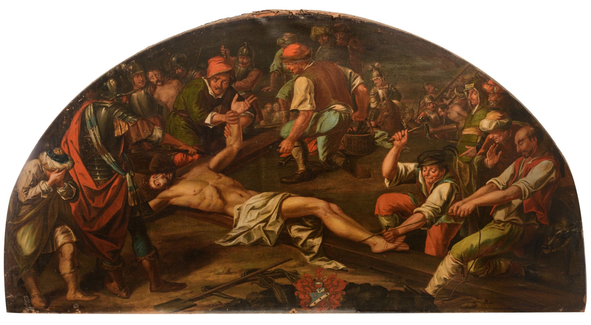 Matthias Schumacher (?-c.1760), the elevation of the cross, dated 1744, oil on canvas, 123 x 226 cm