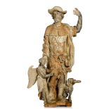 A limewood sculpture of Saint Rochus, accompanied by his dog and an angel, 17thC, H 90 cm