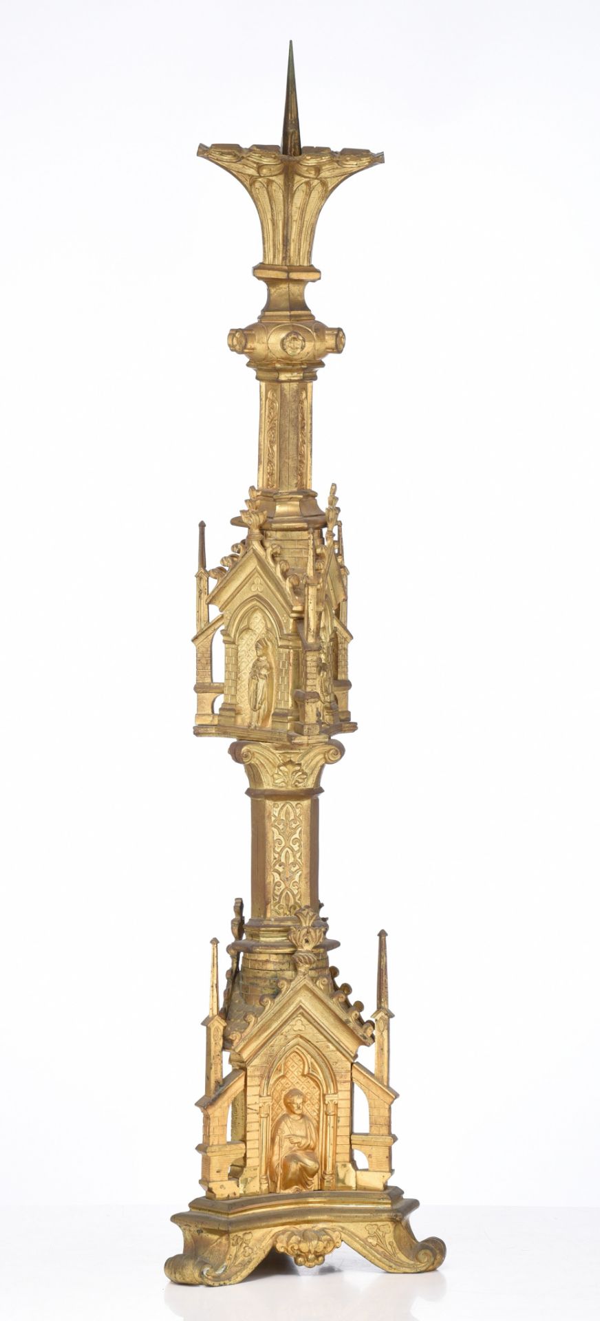 (T) A Gothic Revival gilt metal candleholder, H 112 cm - Bild 4 aus 10
