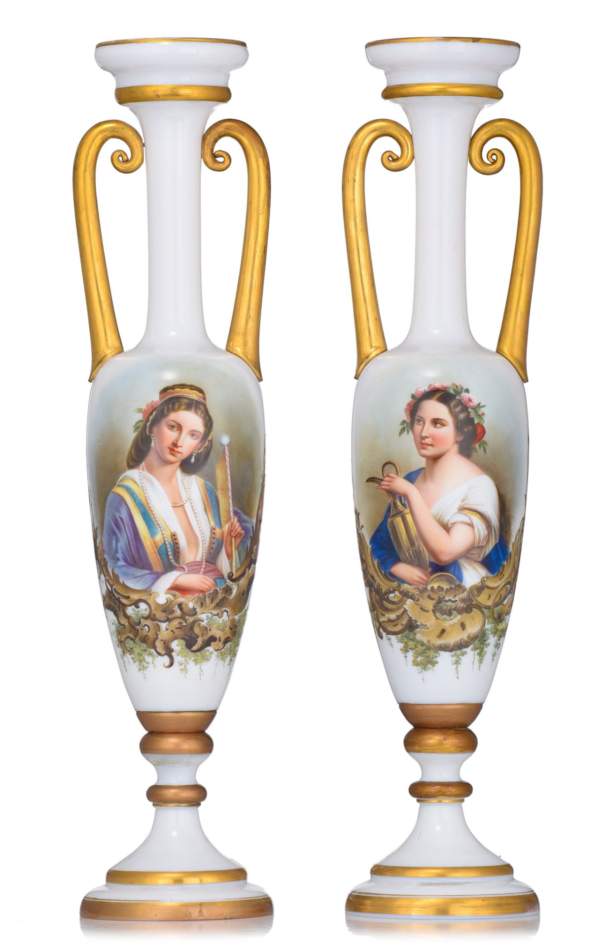 A fine pair of Neoclassical oblong opaline vases, polychrome and gilt decorated, H 65 cm