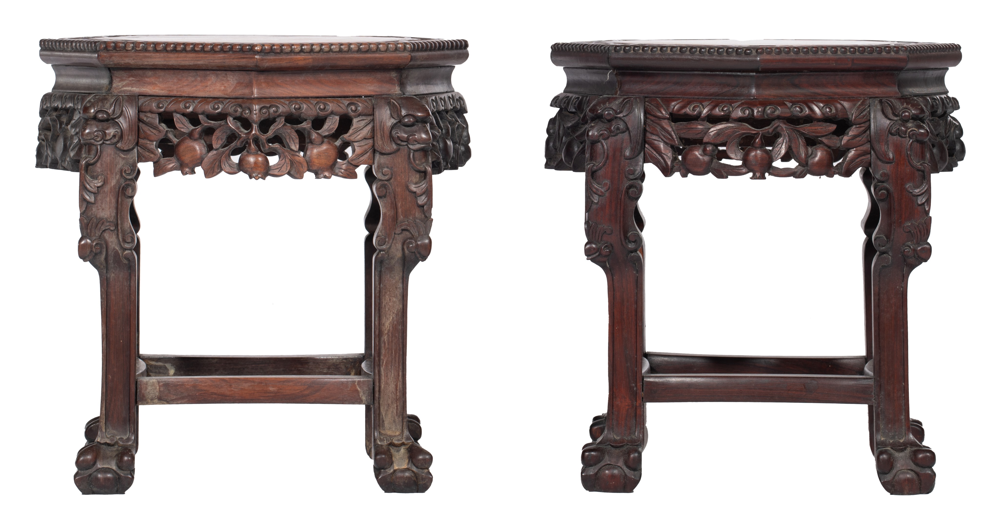 Two Chinese octagonal hardwood bases with a marble plaque, H 47,5 cm - Image 5 of 7