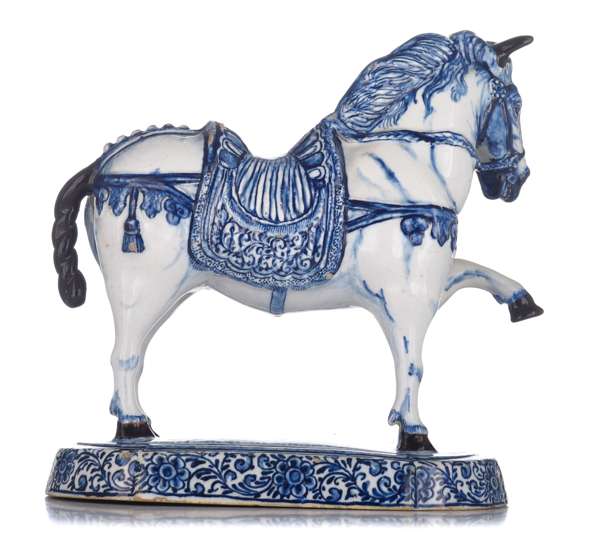 A large Delft blue and white figure of a circus horse, marked Jacob van der Kool, early 18thC, H 23 - Image 3 of 11