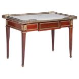 A Louis XVI style mahogany veneered occasional table, H 54,5 - W 77 - D 48,5 cm