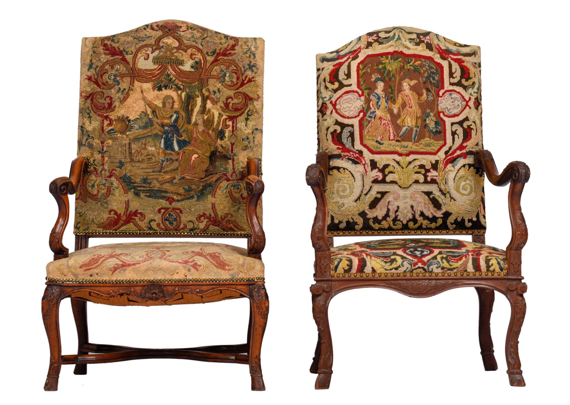 Two carved walnut Régence armchairs, H 120 - W 71 - H 116 - W 70 cm - Image 3 of 24