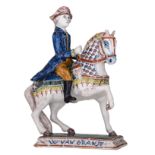 A Dutch Delft polychrome figure of a Willem of Oranje on horseback, marked 'De Lampetkan', 18thC, H