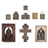 (T) Collection of seven bronze travel icons and two wooden high relief icons, late 19thC