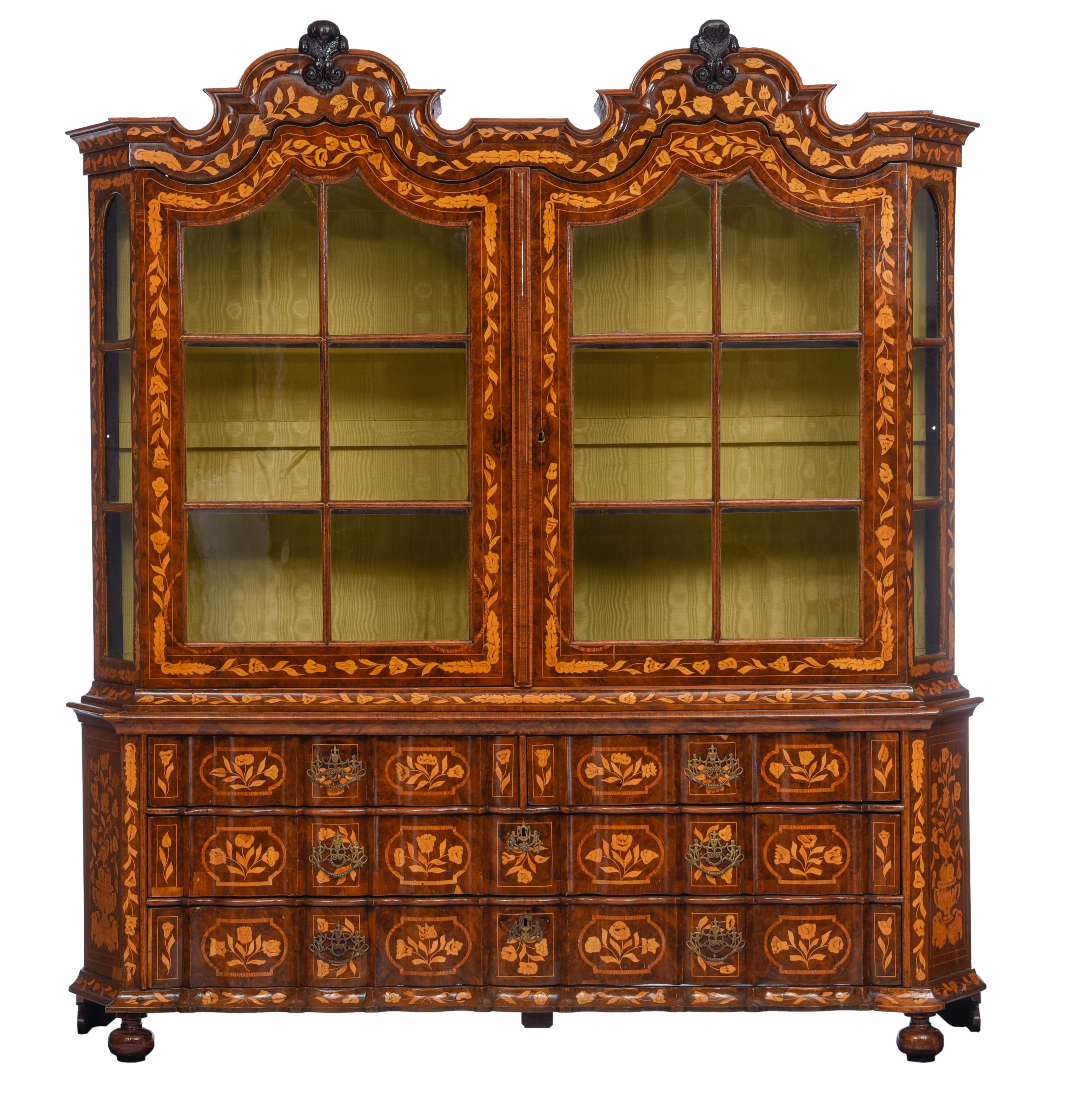 A large Dutch floral marquetry display cabinet, 18thC, H 230 - W 212 - D 45 cm