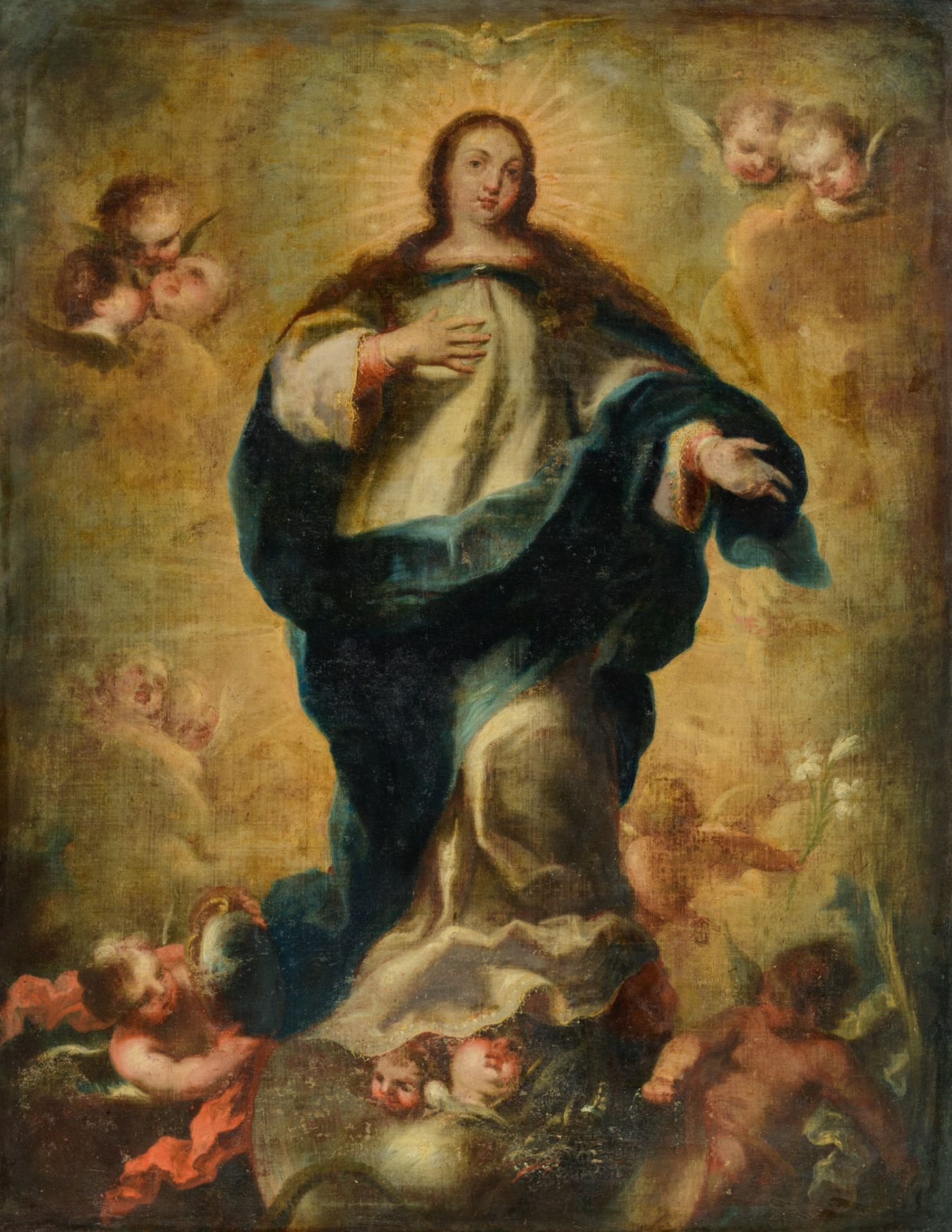 The Madonna and Child surrounded by angels, after Murillo, 18thC, 82 x 106 cm - Bild 9 aus 16