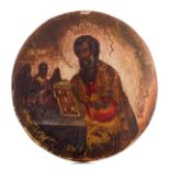 (T) Russian tondo icon, the evangelist Mattheus, tempera on wood, 19thC, ø 23,5 cm