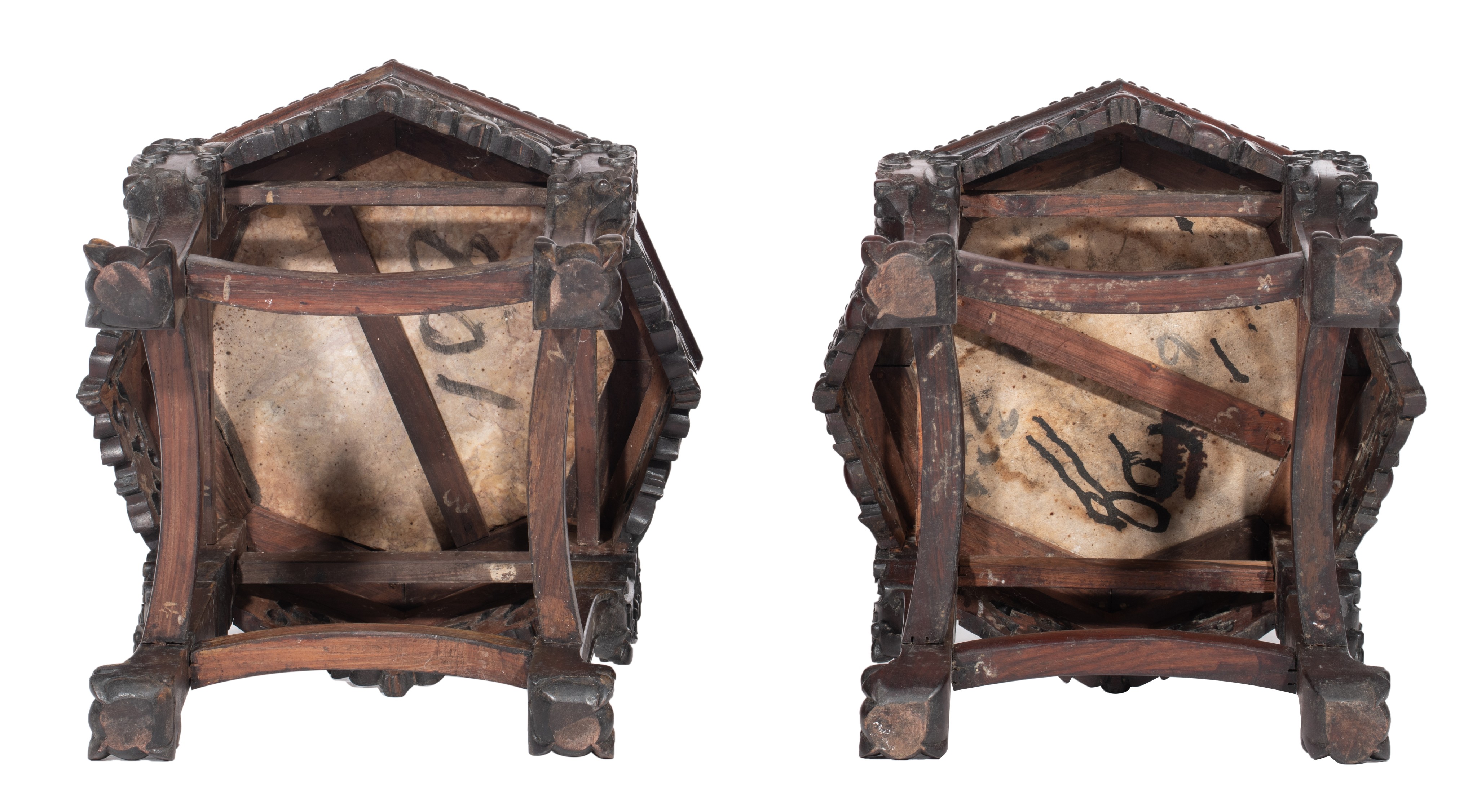 Two Chinese octagonal hardwood bases with a marble plaque, H 47,5 cm - Image 7 of 7