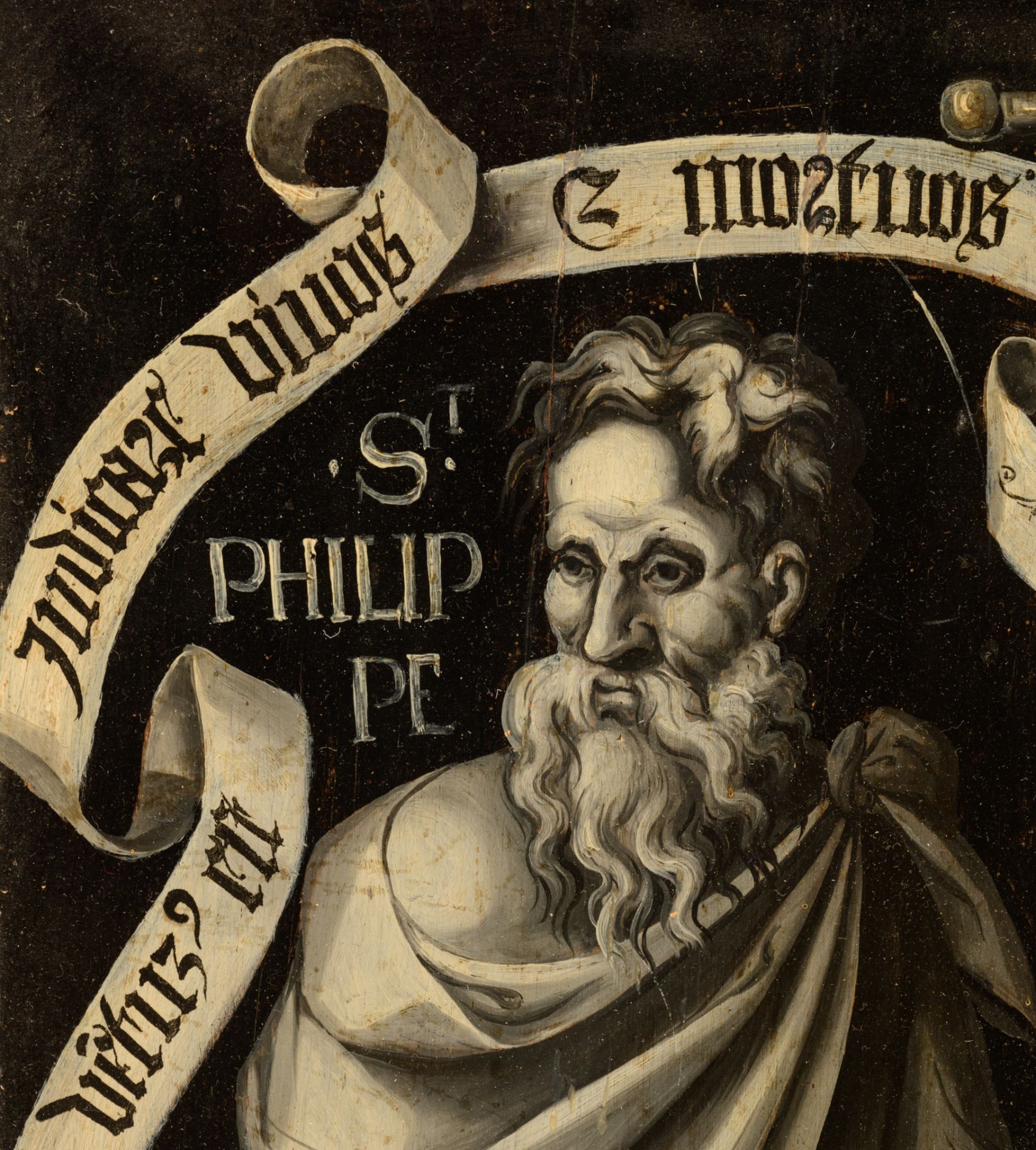 A grisaille painting of Philip the Apostle, late 16thC, oil on panel, 25 x 40 cm - Bild 4 aus 5