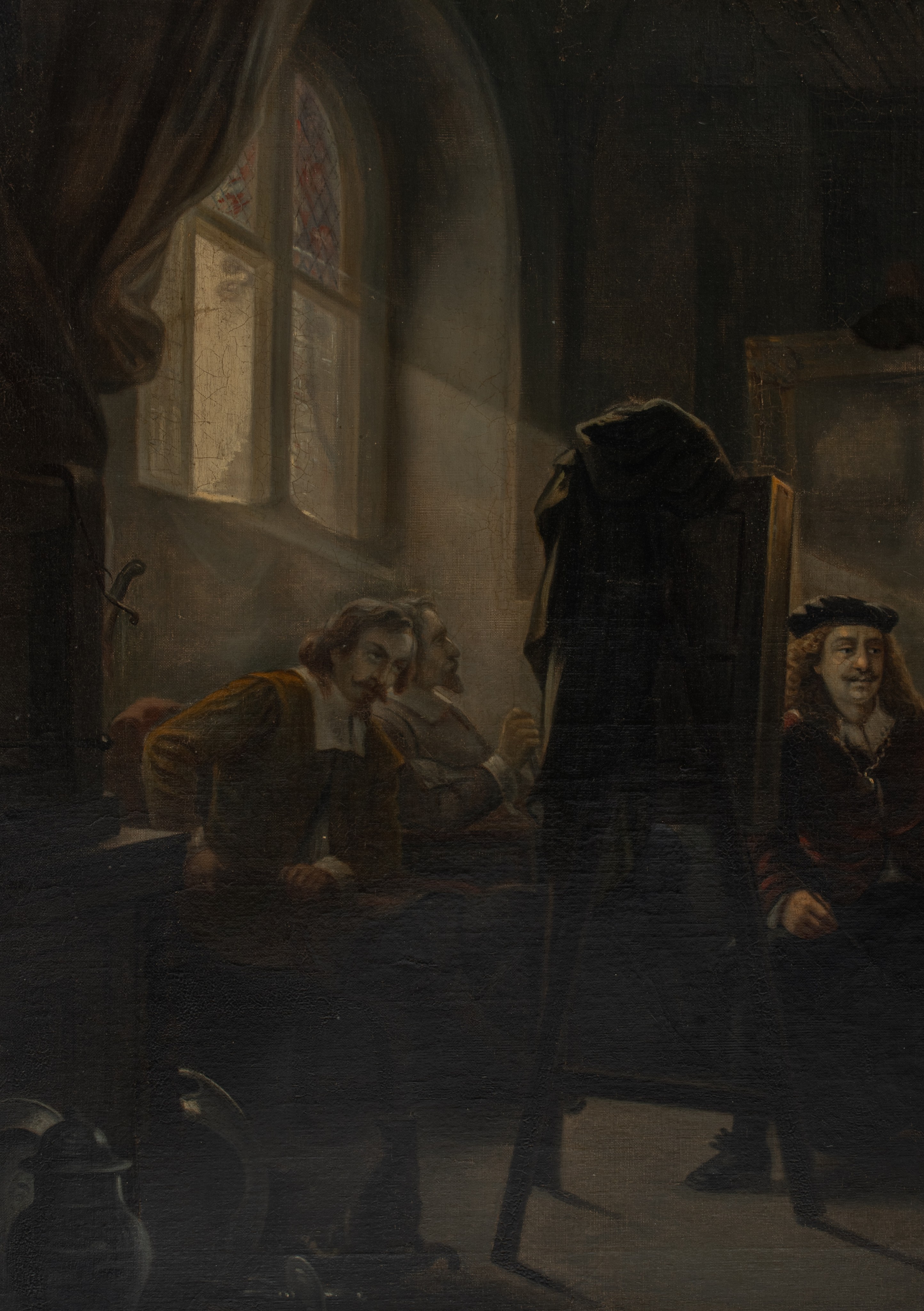 Rembrandt van Rijn creating another masterpiece in his workshop, 19thC, oil on canvas, 84 x 145 cm - Image 4 of 6