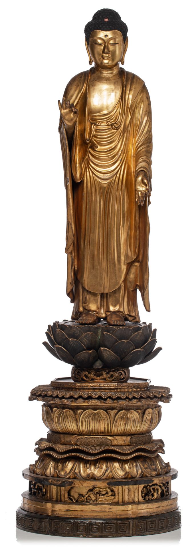 A Japanese gilt-wood standing figure of Amitabha Buddha, on a finely carved lotus base, Edo period,