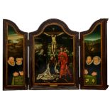 PREMIUM LOT Ambrosius Benson (Attr.), Impressive altar triptych representing the Golgotha and the po