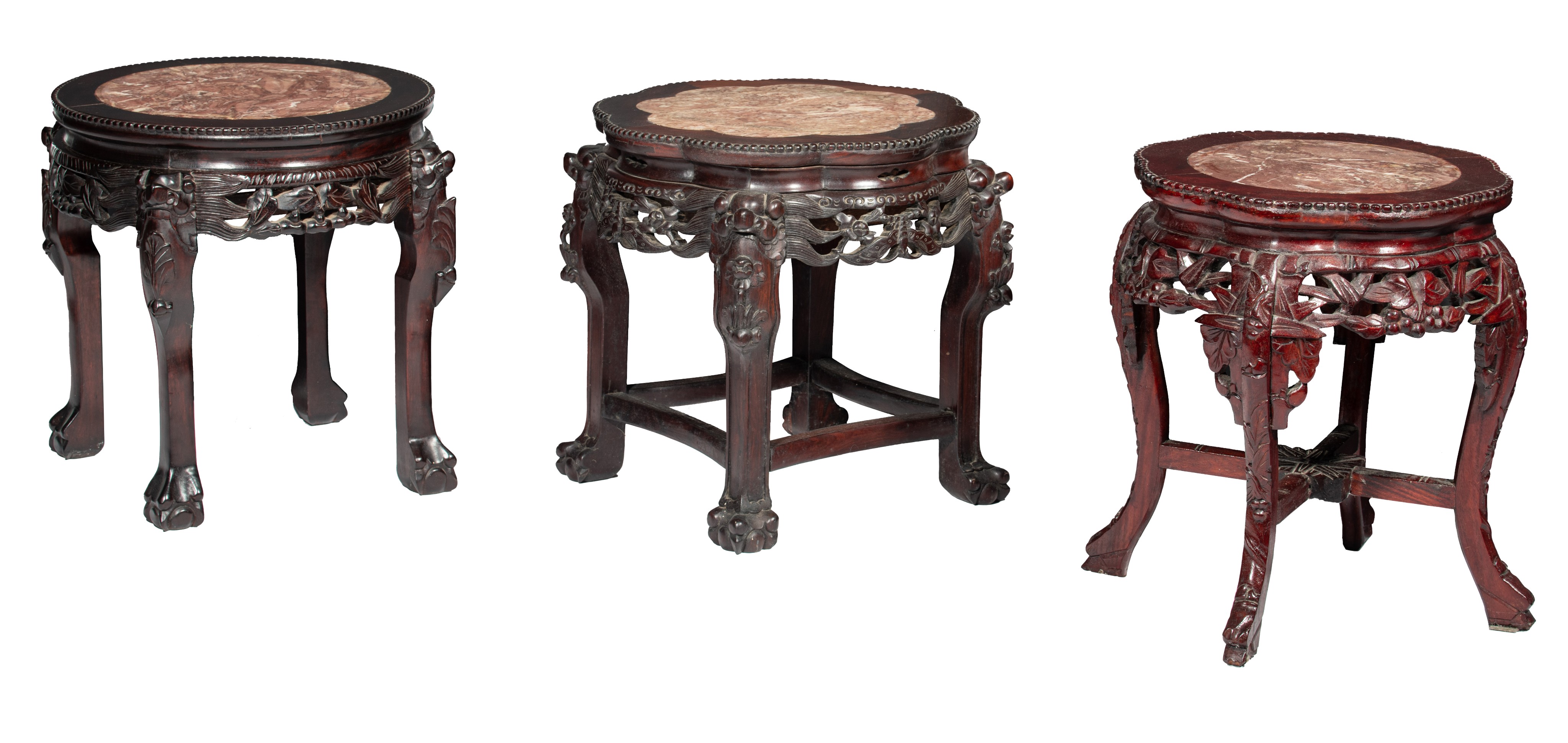 Three Chinese hardwood bases with a marble plaque, Tallest H 48 cm