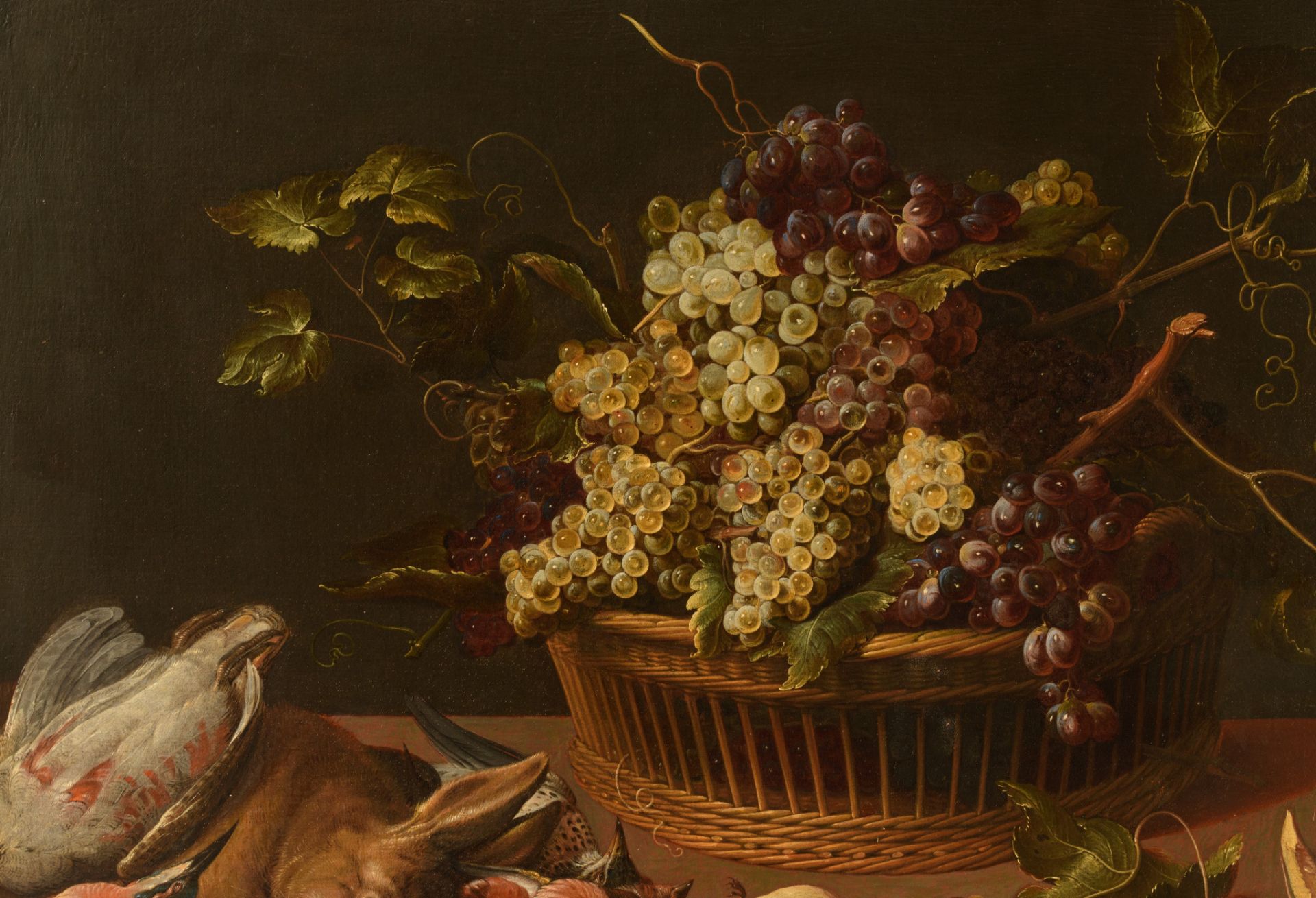 Still life with fruit, birds and a hare, 17th/18thC, oil on canvas, 76 x 110 cm - Bild 6 aus 12