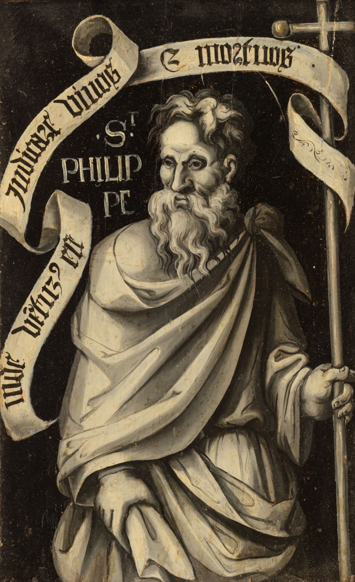 A grisaille painting of Philip the Apostle, late 16thC, oil on panel, 25 x 40 cm