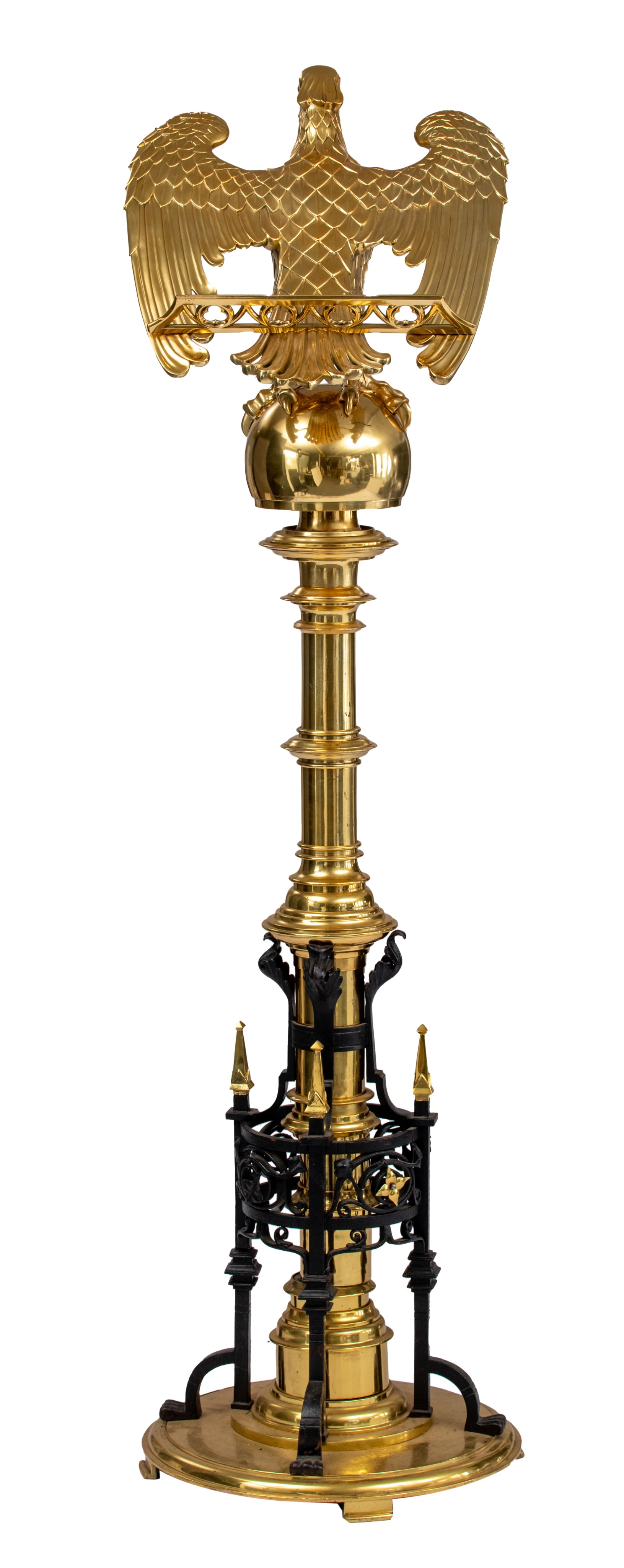 An English Gothic Revival church eagle lectern, brass and wrought iron, second half of the 19thC, H - Image 5 of 9