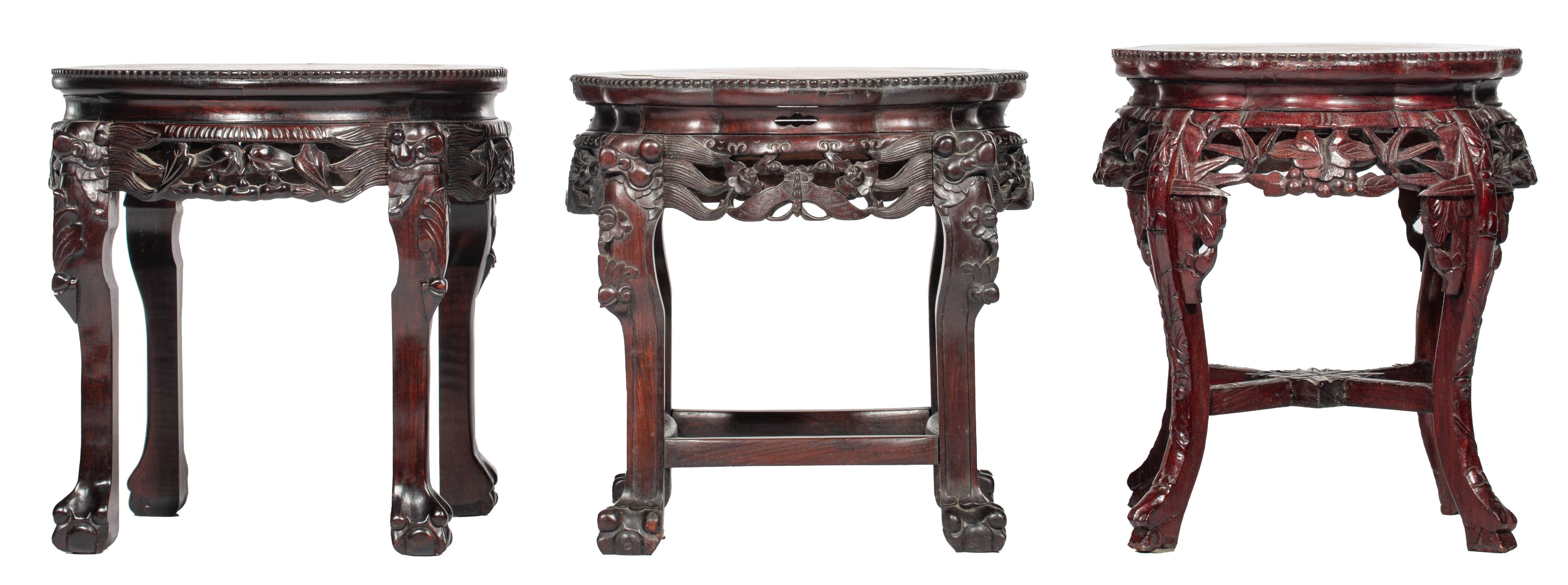 Three Chinese hardwood bases with a marble plaque, Tallest H 48 cm - Image 2 of 7