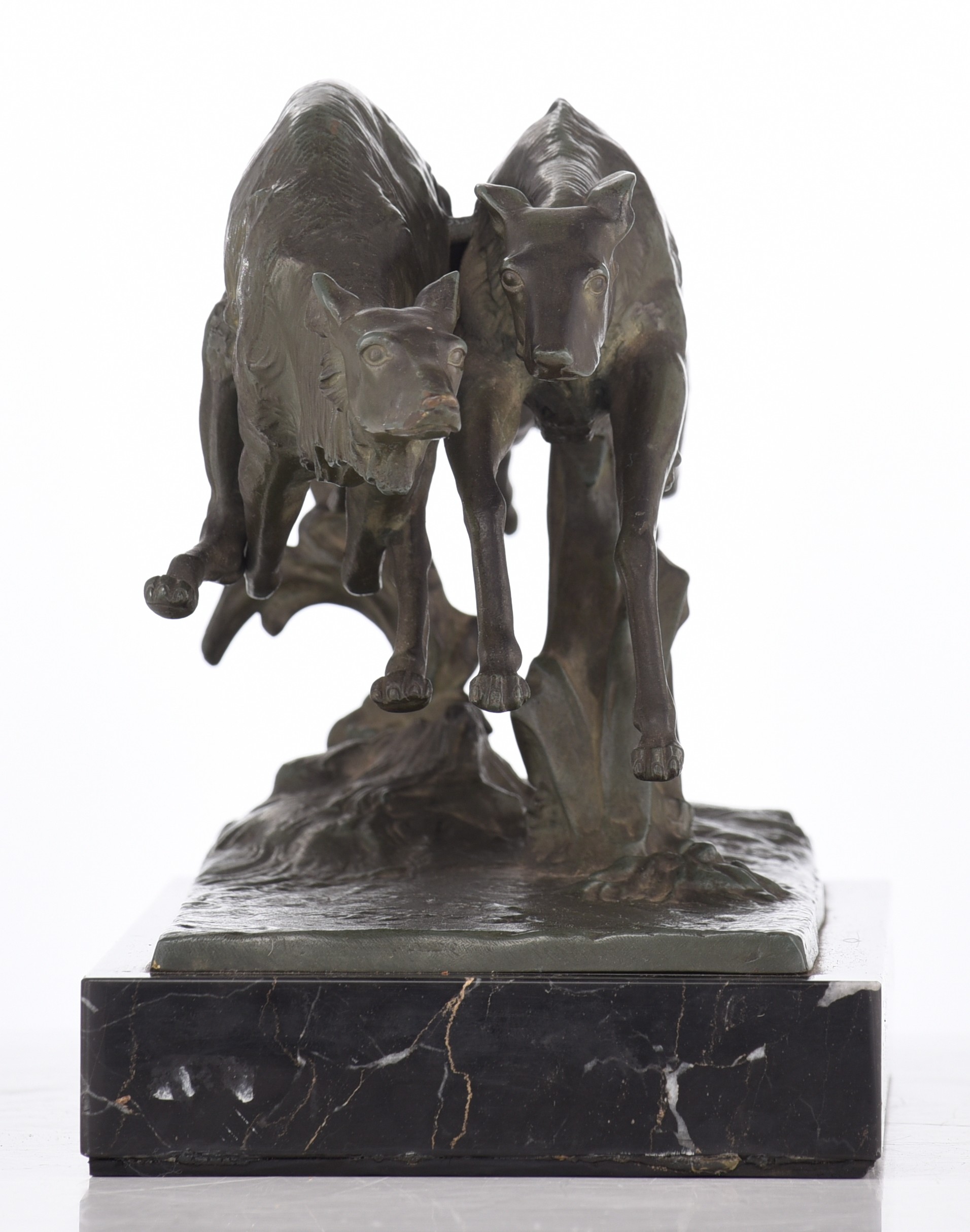 Indistinctly signed, racing greyhounds, green patinated bronze on a marble base, H19,5 cm - W 34 cm - Image 4 of 6