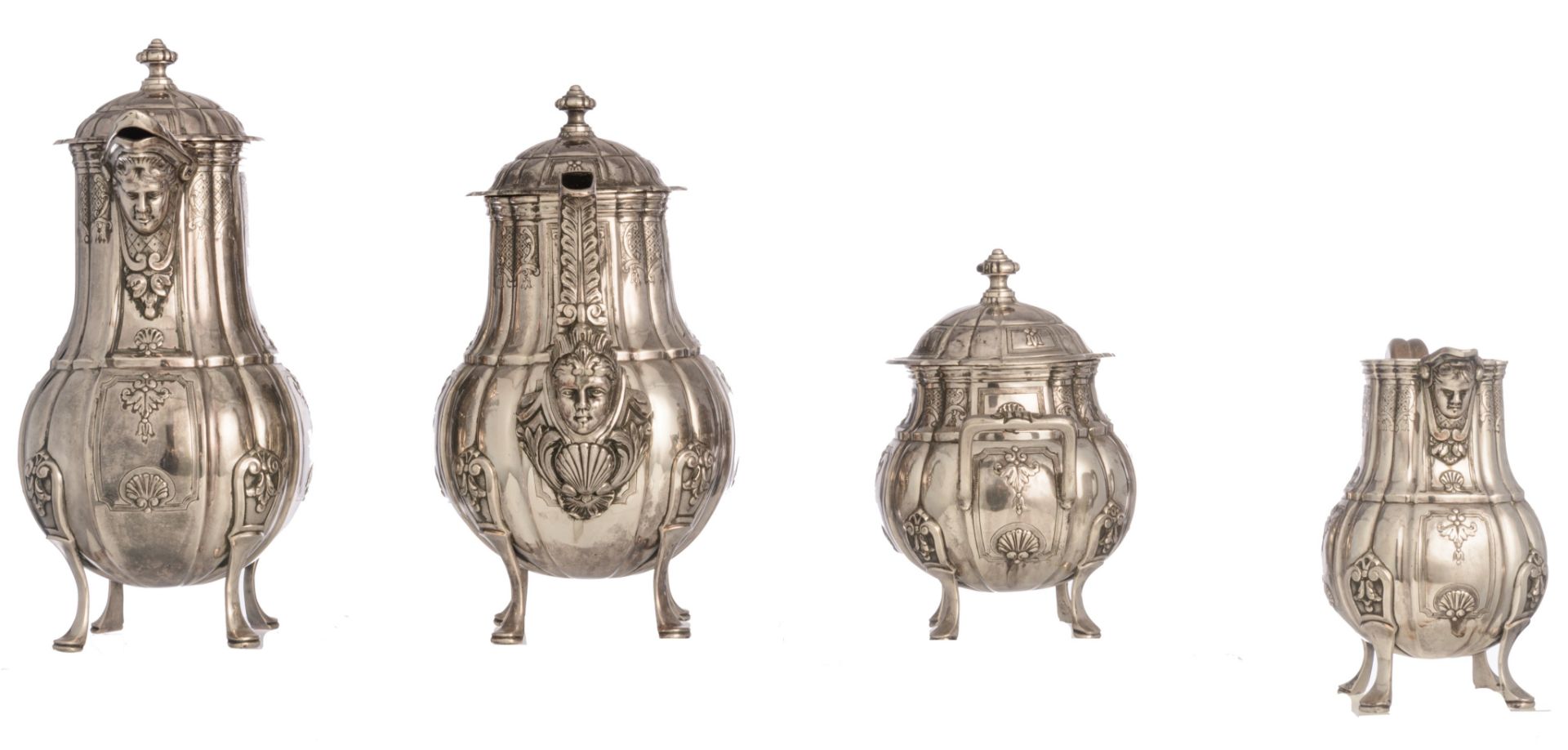 A four-part Belgian silver coffee and tea set, H 15 - 29 cm / total weight c. 4.290 g - Image 4 of 13