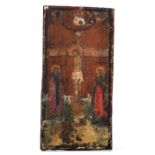 (T) An Eastern European icon, crucifixion scene with two saints, 17thC, 16 x 31 cm