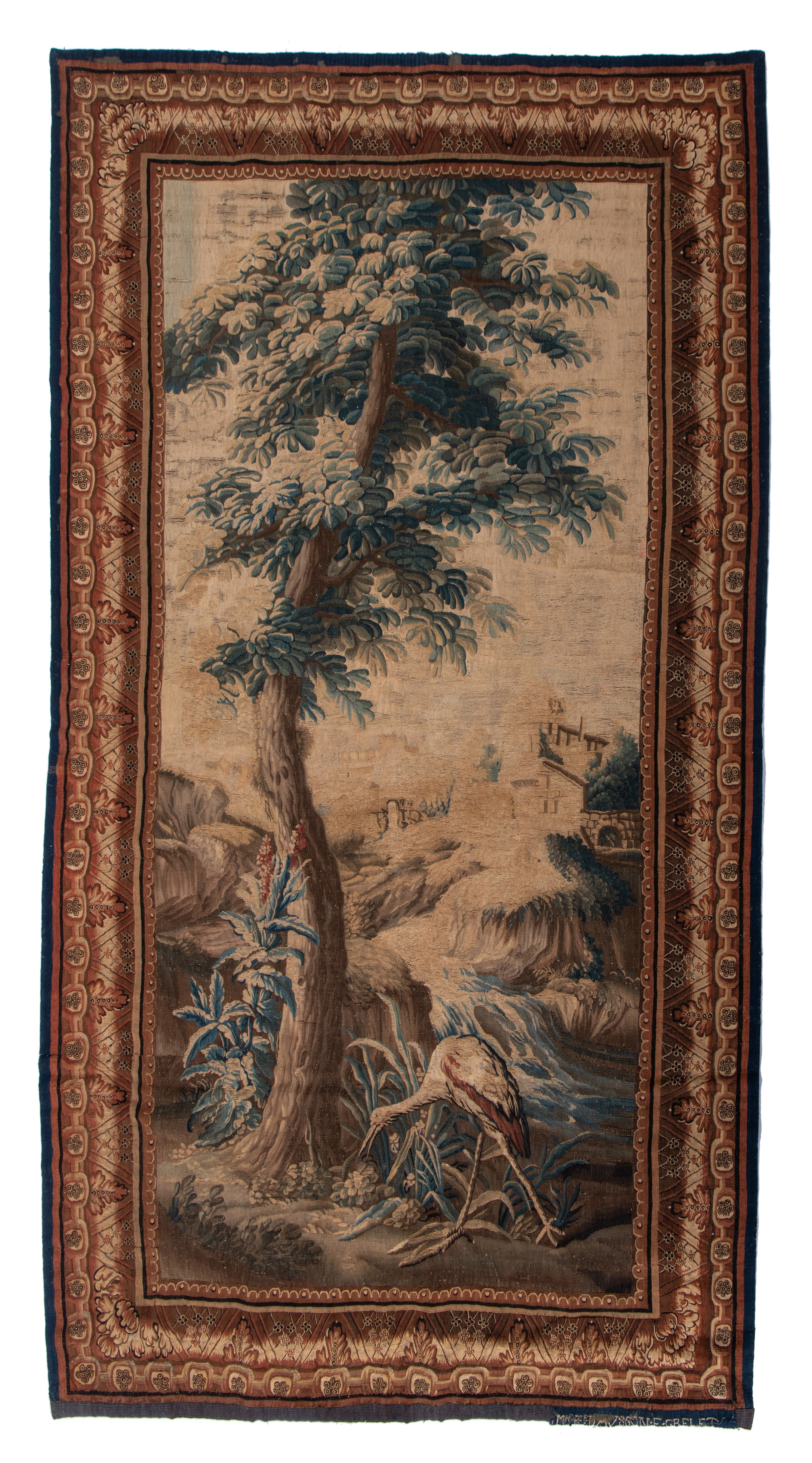 An Aubusson verdure wall tapestry, marked 'Aubusson F. Grellet', 18thC, H 285 x W 168 cm