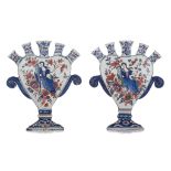 An exceptional near pair of Delft cashmere palette tulip vases, marked 'De Pauw', early 18thC, H 20,