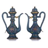 A pair of Chinese cloisonné enamelled bronze 'Aftaba-style' ewers, 18thC, H 21 cm (+)