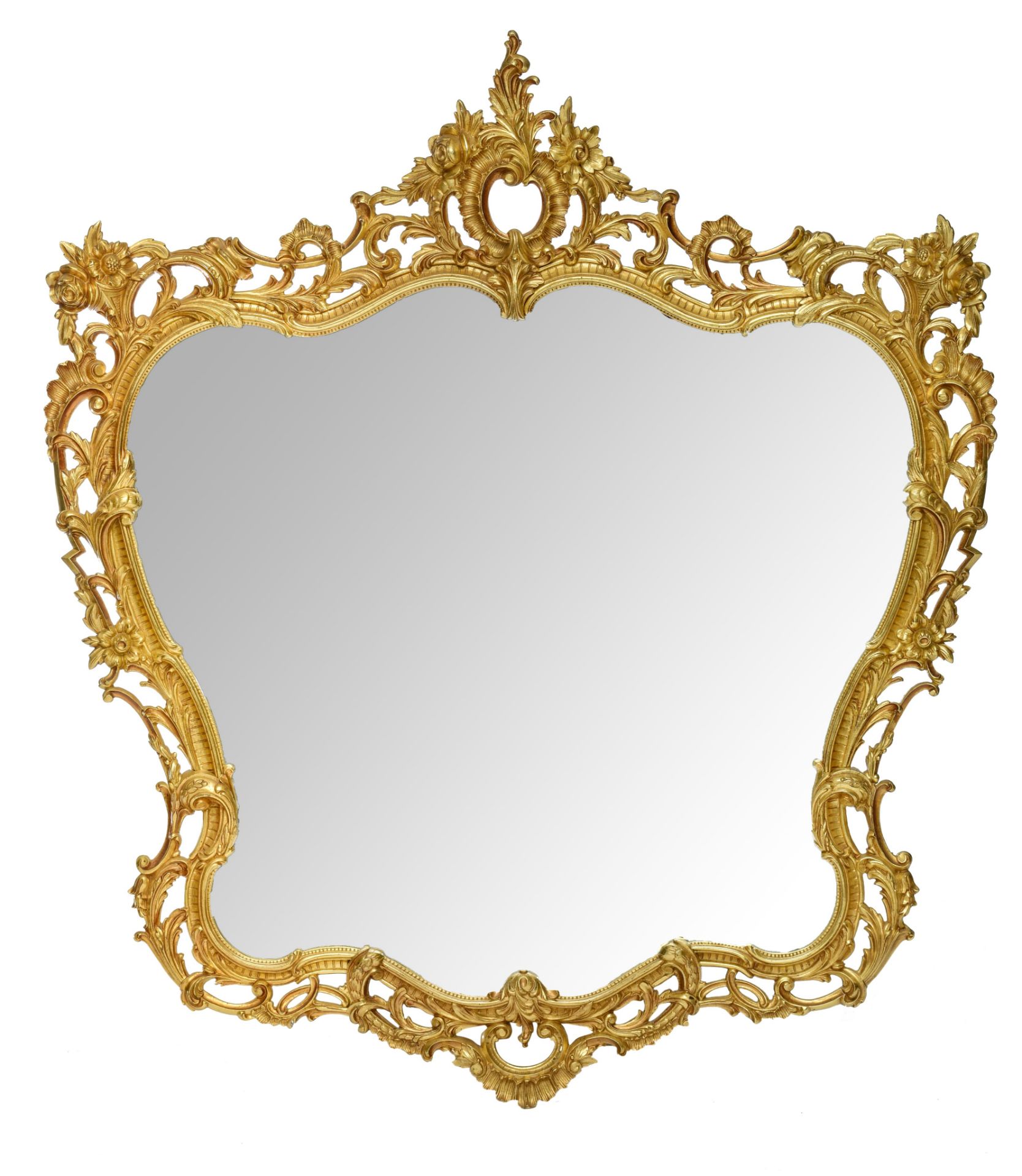 A large Rococo style gilt metal console table and mirror, H 125 - W 110 cm (the mirror) - H 85 - W 1 - Image 9 of 12