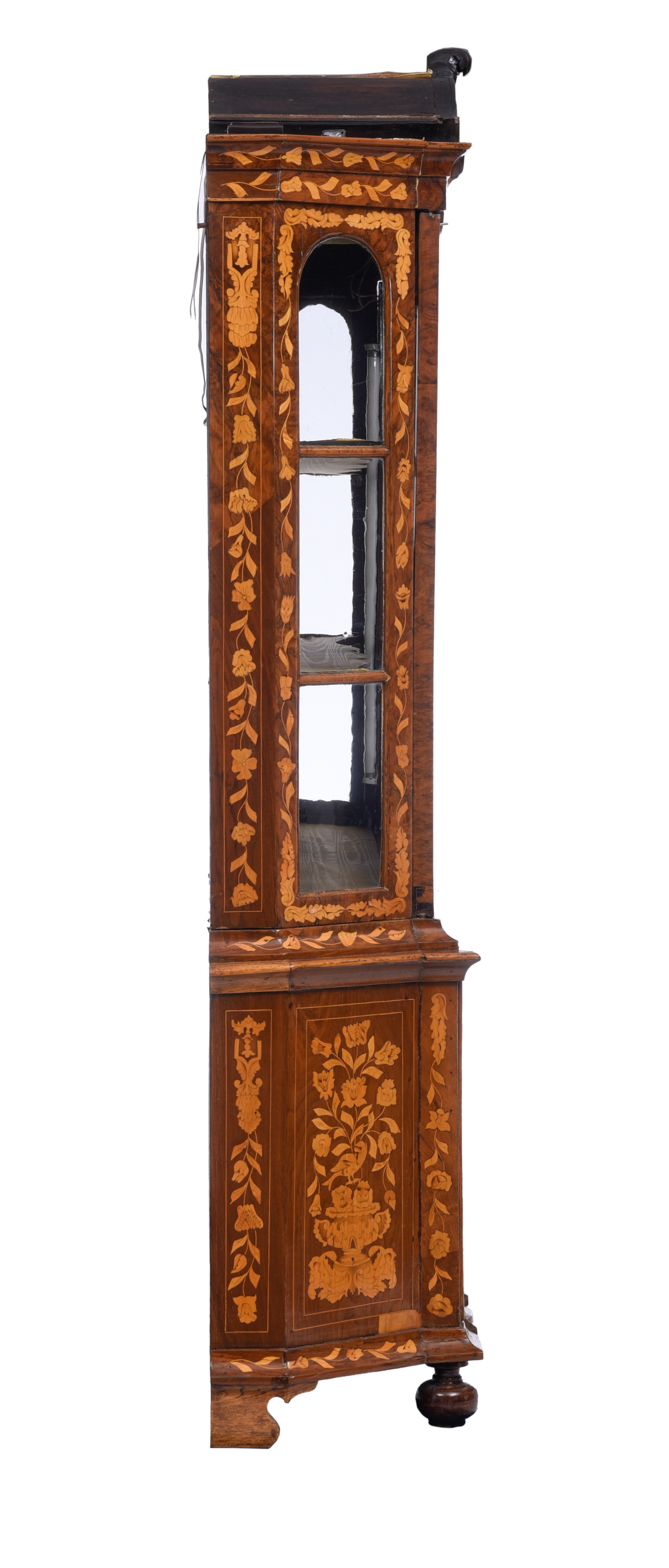 A large Dutch floral marquetry display cabinet, 18thC, H 230 - W 212 - D 45 cm - Image 2 of 5