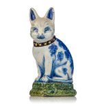 A rare Delft figure of a sitting cat, marked Johannes van Duyn, 18thC, H 21 cm