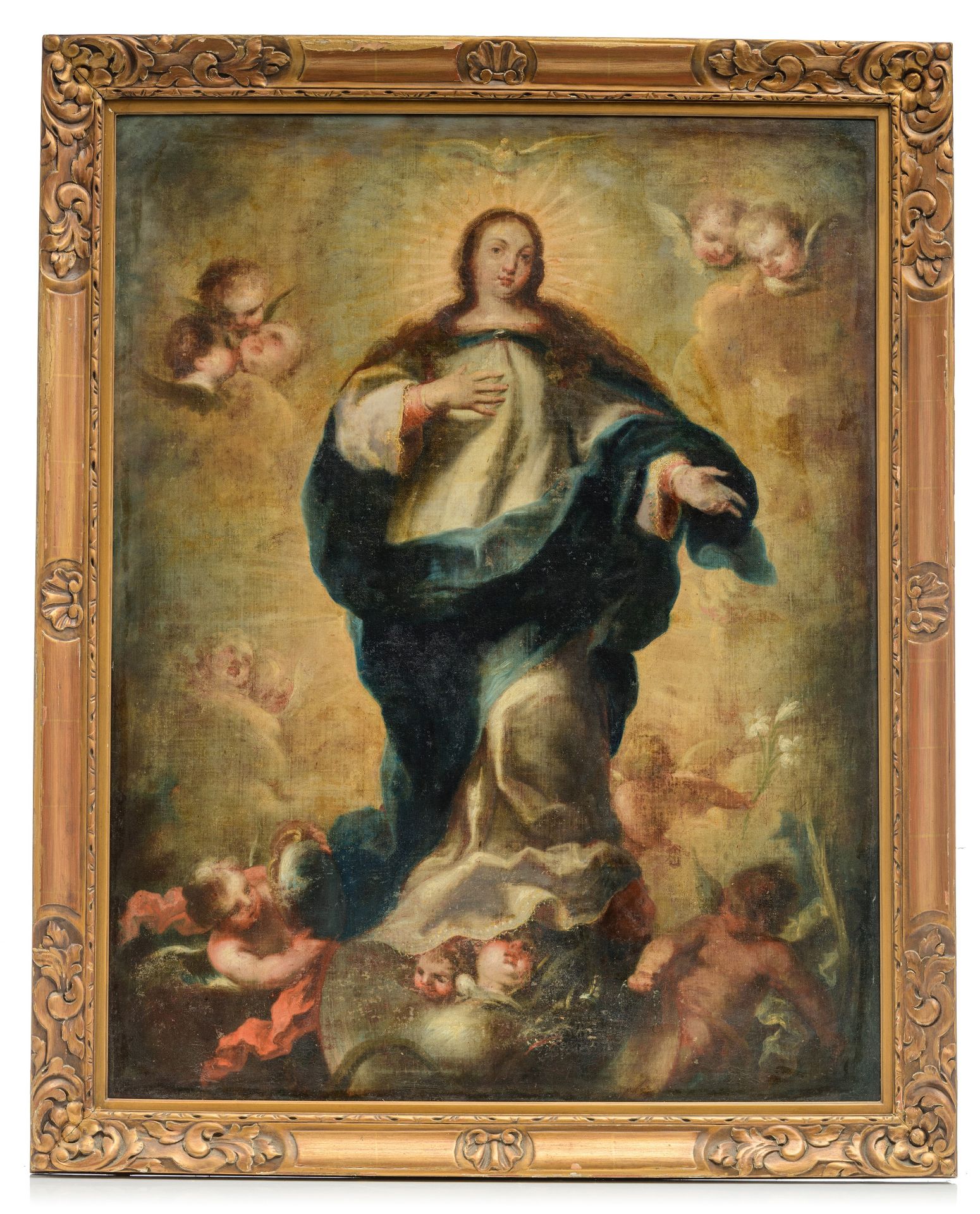 The Madonna and Child surrounded by angels, after Murillo, 18thC, 82 x 106 cm - Bild 10 aus 16