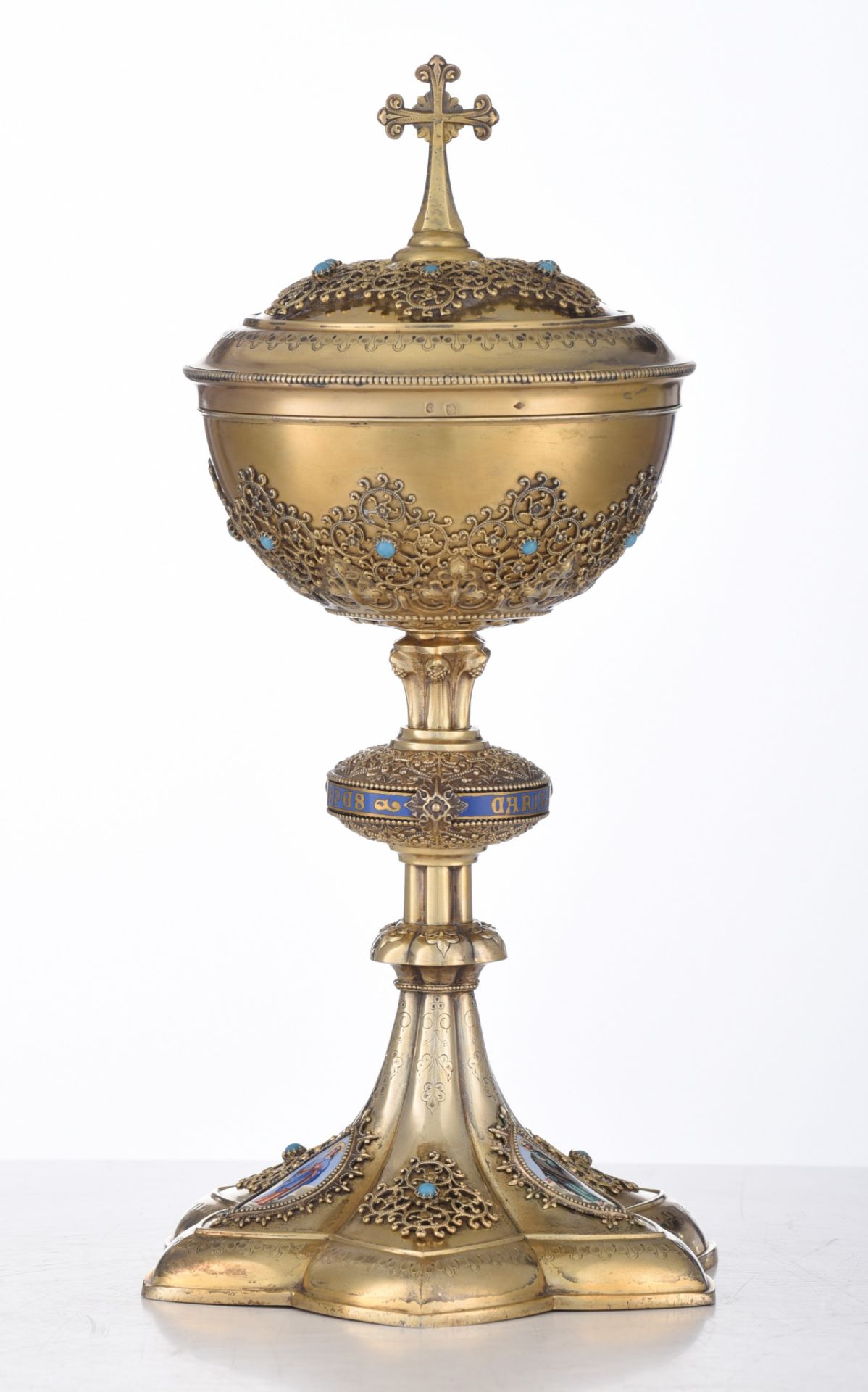 A French export silver and gilt silver chalice decorated with filigree work, H 31 cm - total weight - Image 3 of 24