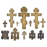 (T) Fine collection of 12 brass crosses, some decorated with enamel, 18th - 19th century