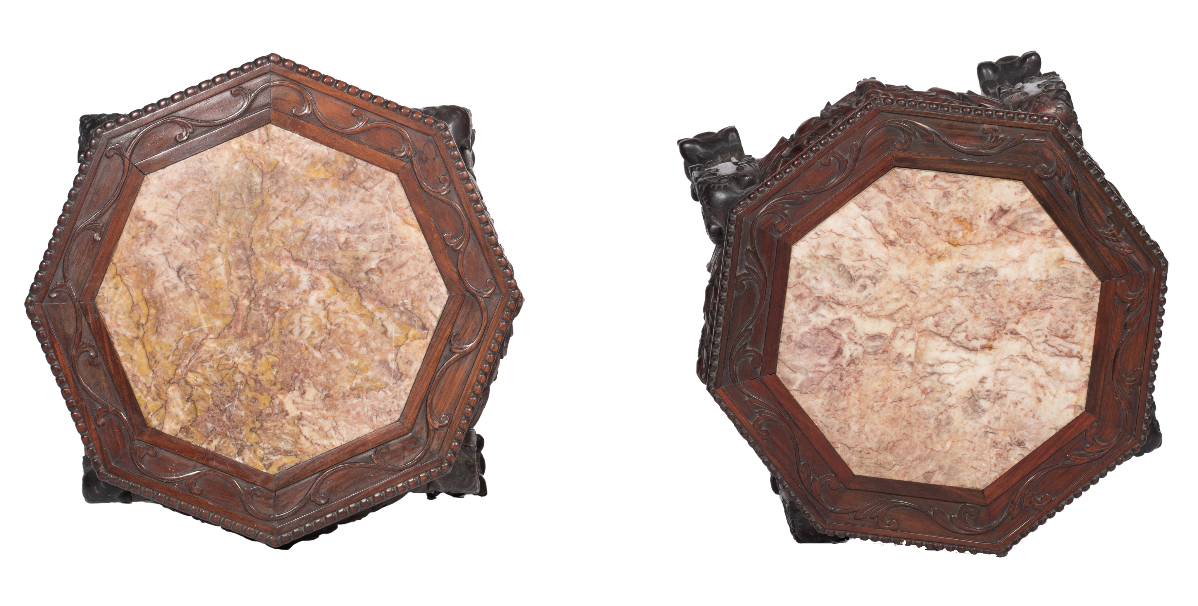 Two Chinese octagonal hardwood bases with a marble plaque, H 47,5 cm - Image 6 of 7