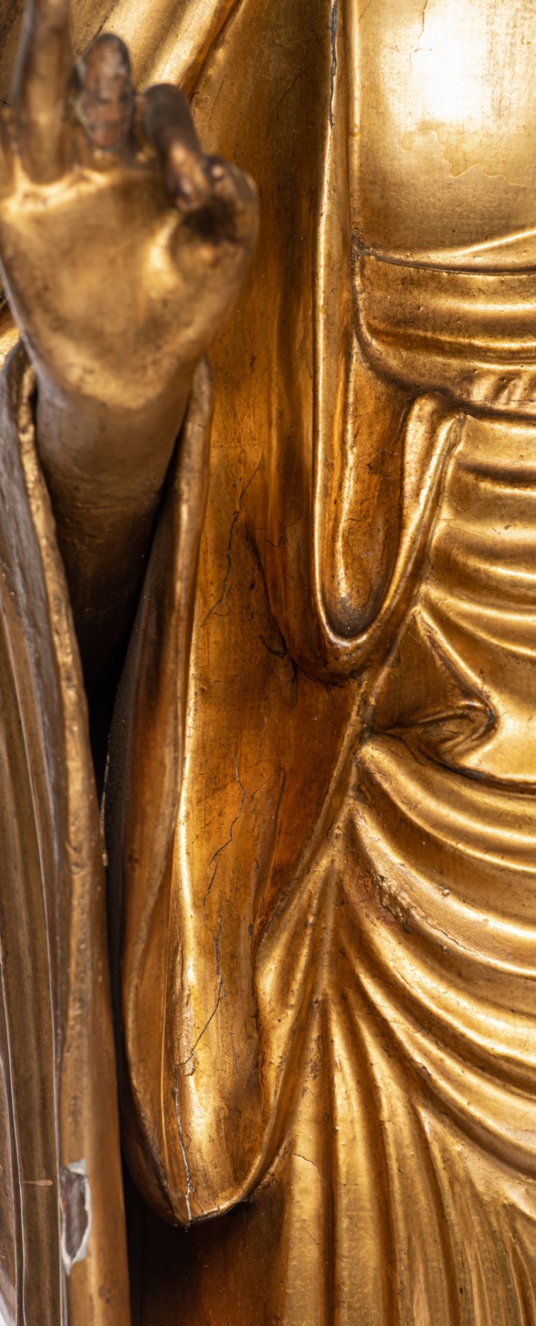 A Japanese gilt-wood standing figure of Amitabha Buddha, on a finely carved lotus base, Edo period, - Image 17 of 21