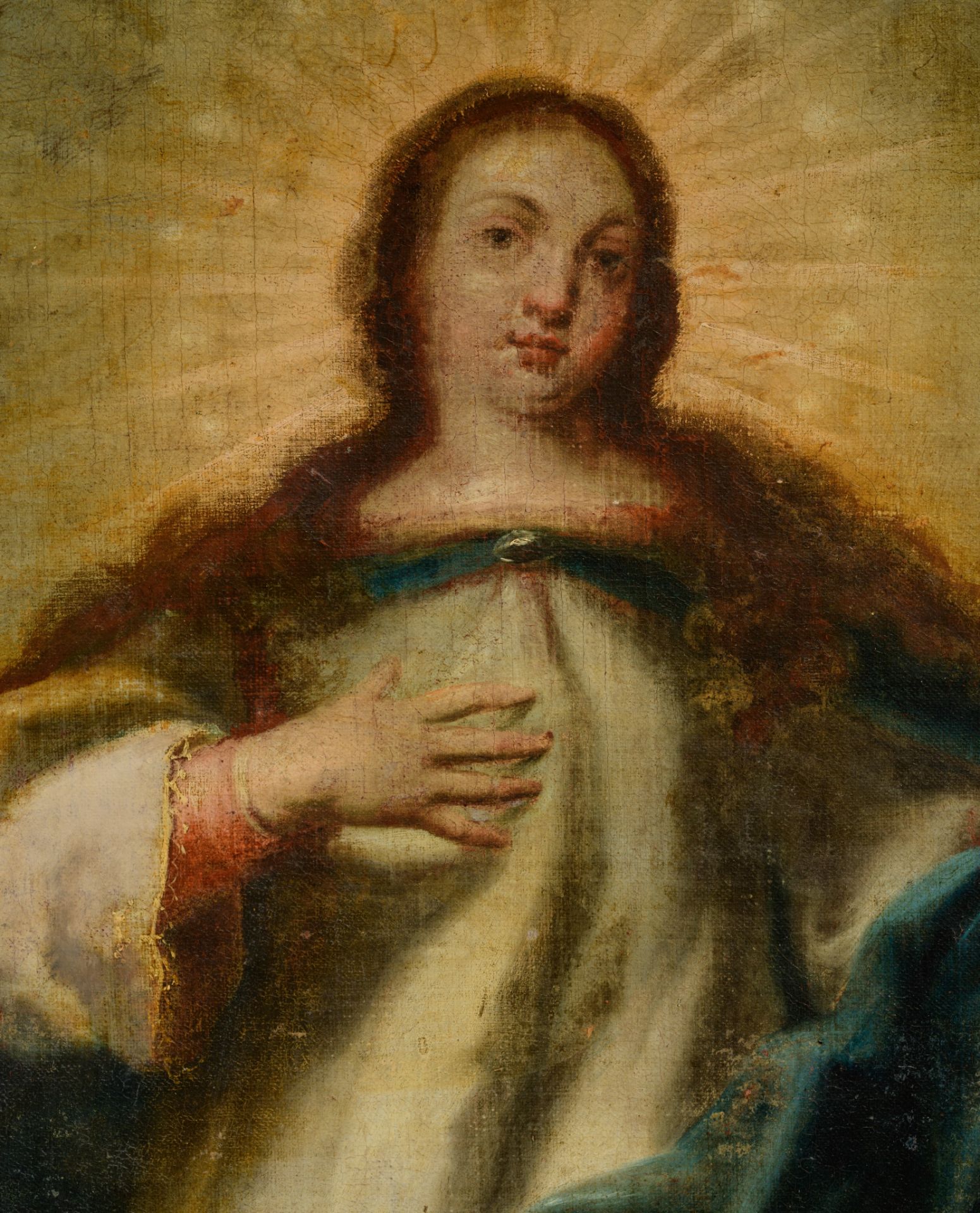 The Madonna and Child surrounded by angels, after Murillo, 18thC, 82 x 106 cm - Bild 5 aus 16