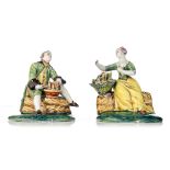 A pair of Delft figures depicting 'Winter' and 'Spring', 18thC, marked 'De Twee Scheepjes', H 11 - 1