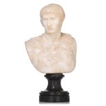 A Carrara marble bust of Caesar Augustus, presented on a green marble base, H 35 cm