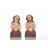 A pair of polychrome painted oak figures burning in the flames of the purgatory, 18thC, probably Ger