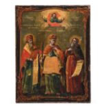 (T) An Eastern European icon representing Saint Catharina and two saints, 18thC, 17 x 21,5 cm