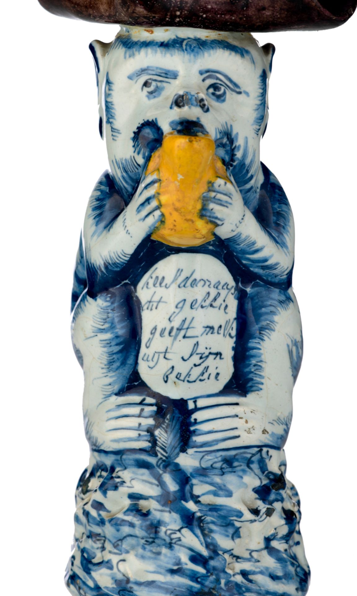 An exceptional Dutch Delft polychrome monkey-shaped milk jug, 18thC, H 22,5 cm - Bild 13 aus 14