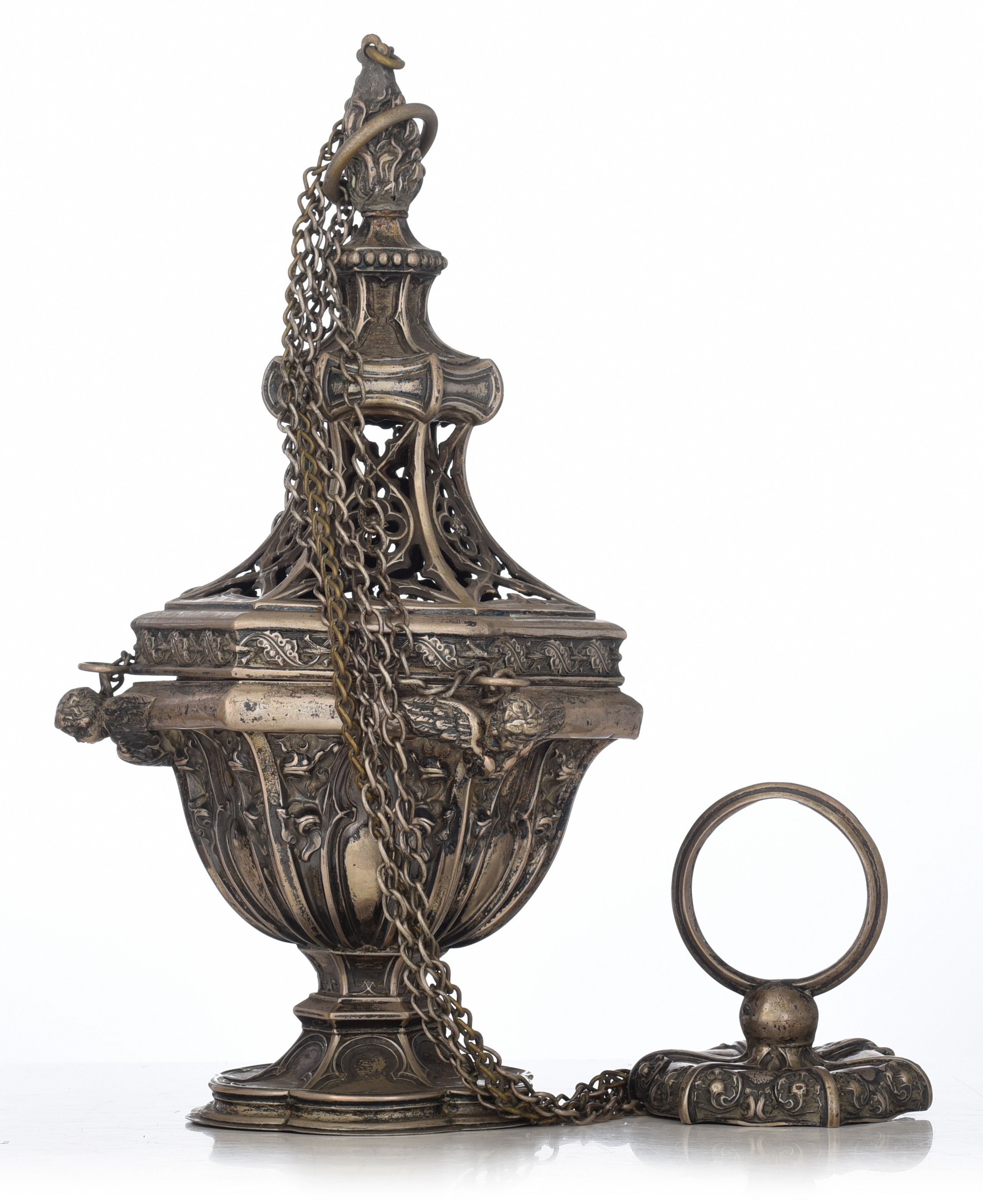 A 19thC Gothic Revival incense burner, bearing an 1830-1868 period Belgian control mark, H of the co - Image 5 of 7