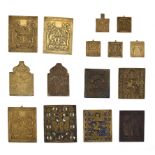 (T) A nice collection of 15 smaller brass icons, some enameled, 18th - 19thC