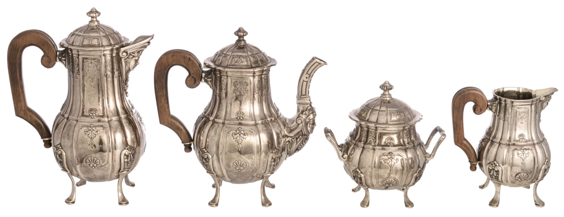 A four-part Belgian silver coffee and tea set, H 15 - 29 cm / total weight c. 4.290 g